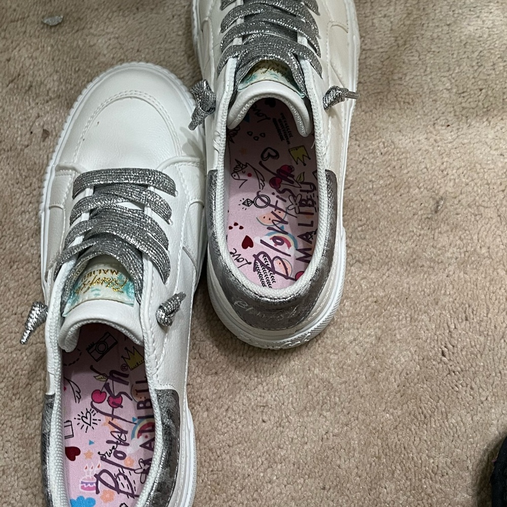 Size 4 White and Silver leather, worn only once, silver shoestrings,